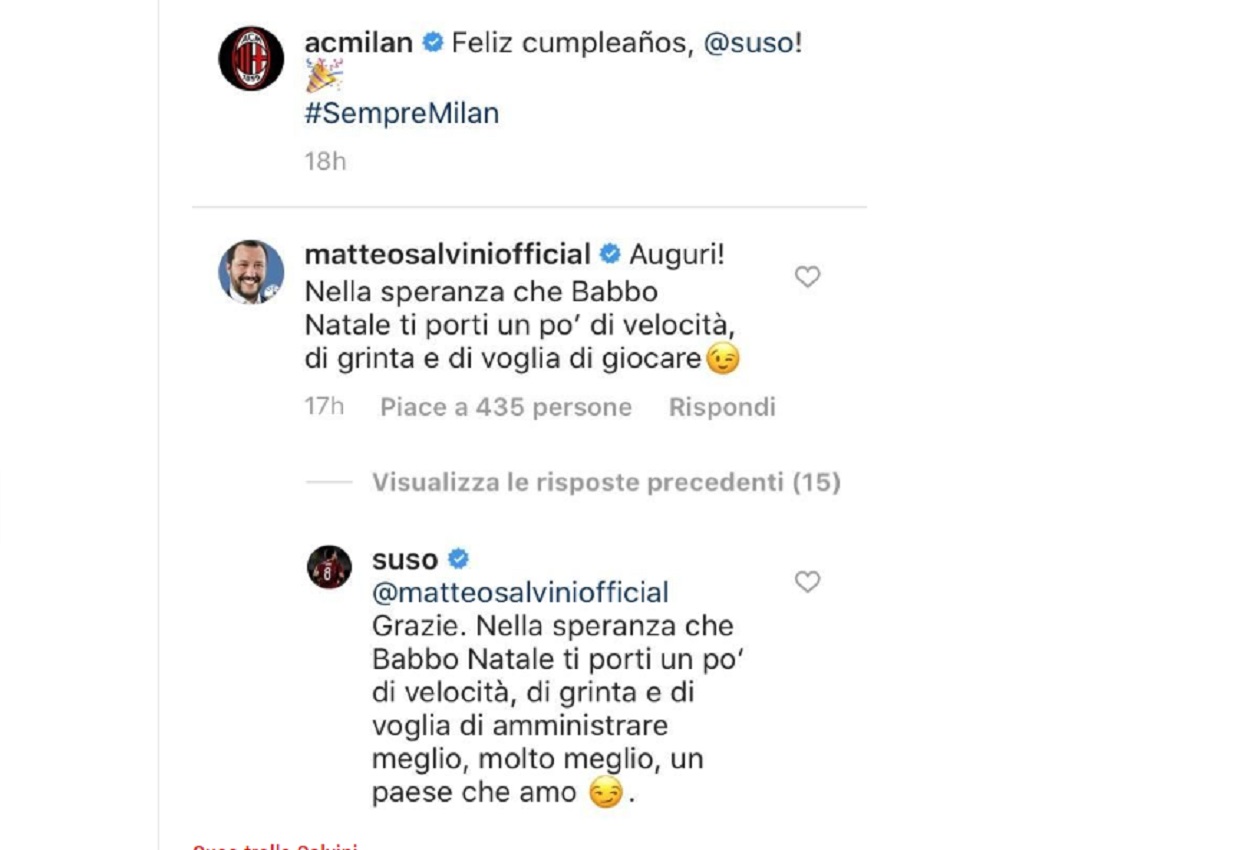 Salvini punzecchia Suso su Instagram e lui risponde così