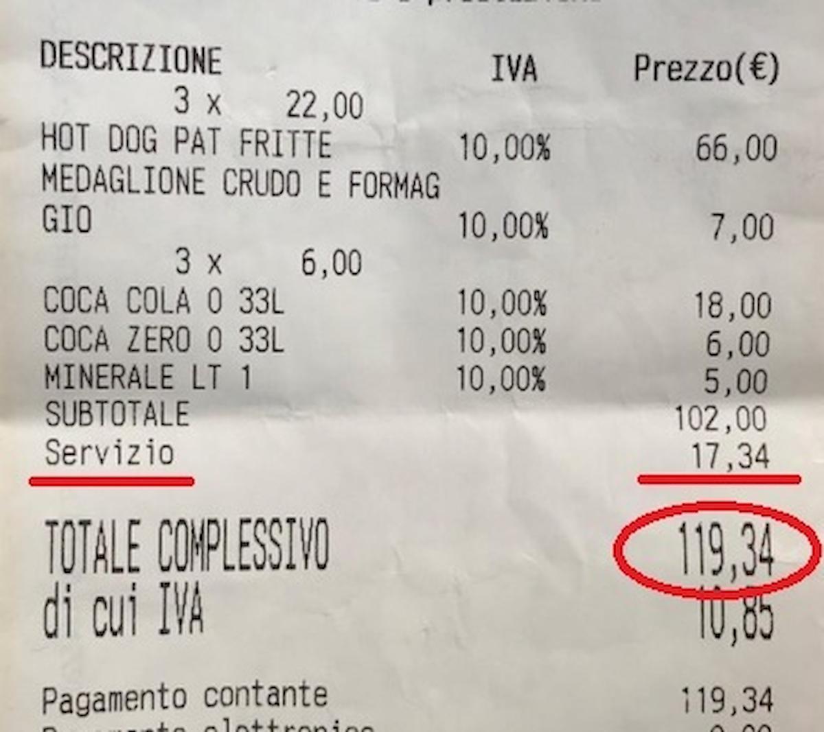 scontrino 120 euro per 4 panini