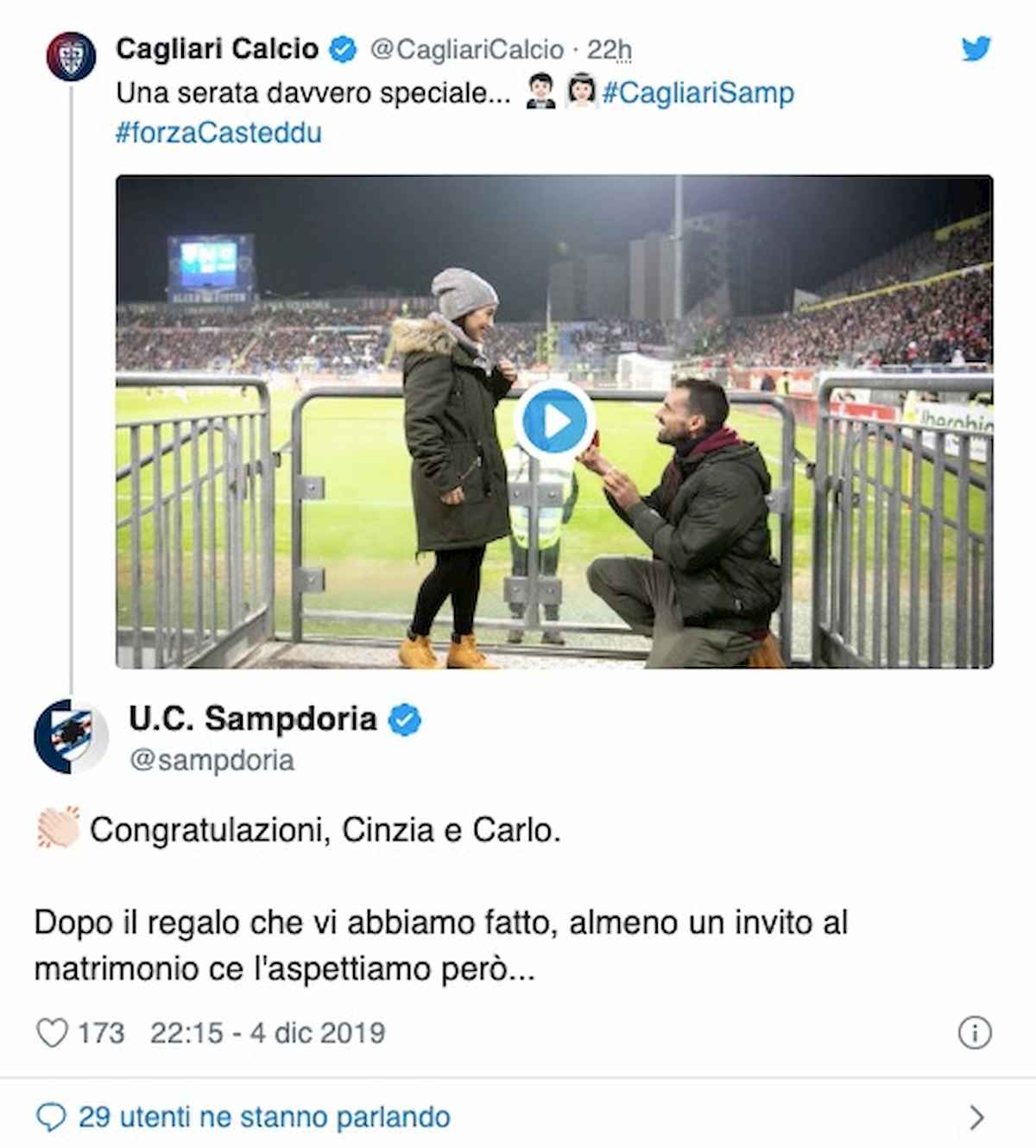 Cagliari Sampdoria, proposta matrimonio Sardegna Arena, post Samp