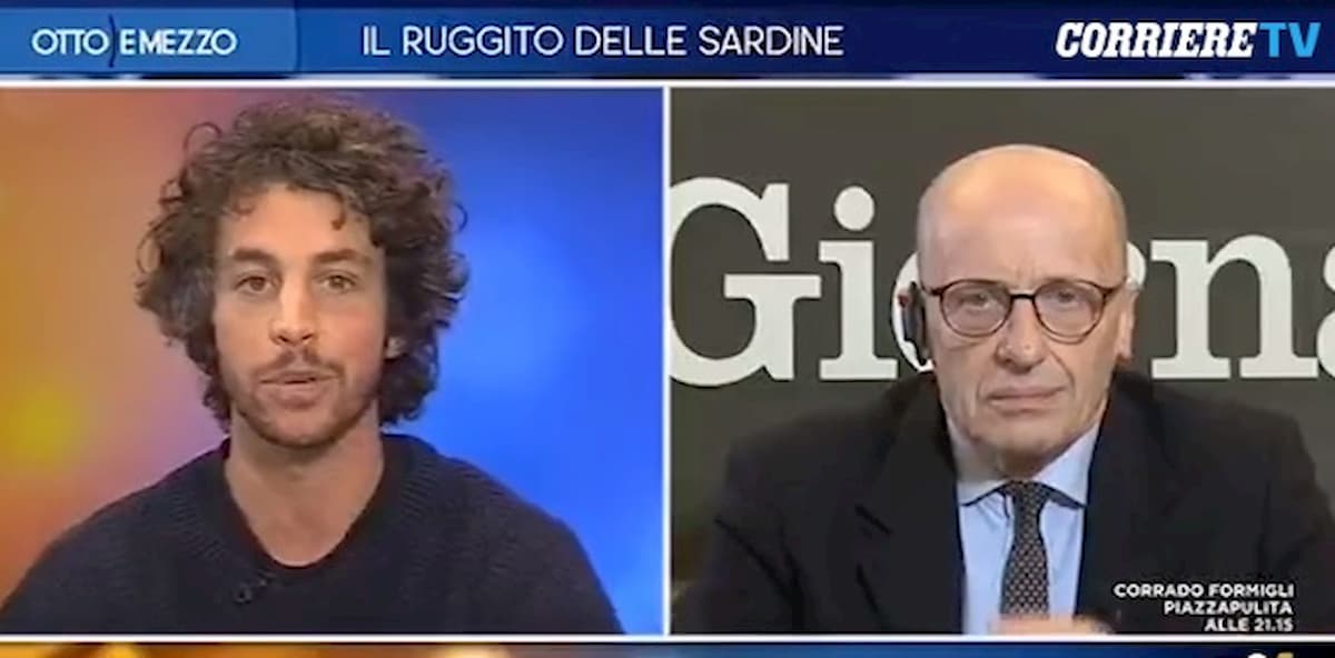 Otto e Mezzo, Mattia Santori (Sardine) a Sallusti: "Ha gli occhi foderati di prosciutto"