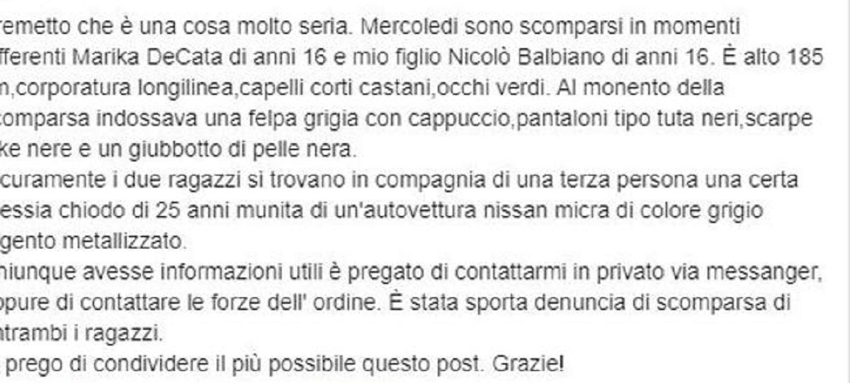 Nicolò e Marika, 16enni scomparsi da 4 giorni. L'appello della mamma su Fb