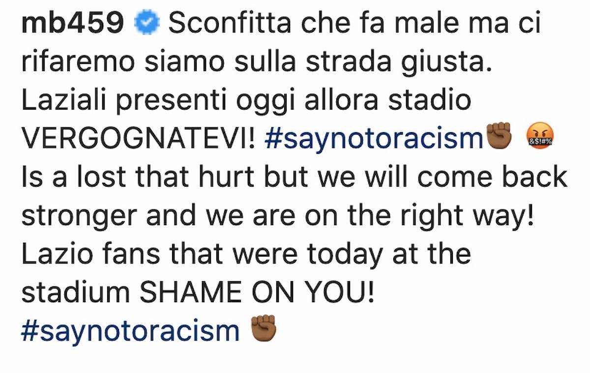 Balotelli si sfoga su Instagram: "Tifosi laziali vergognatevi per cori razzisti"