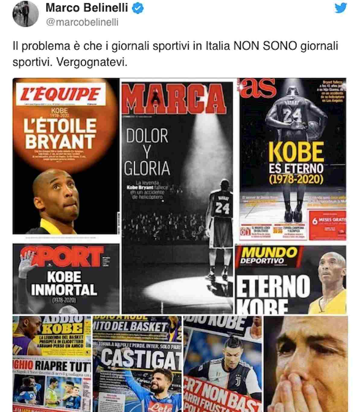 Marco Belinelli e Federica Pellegrini contro la stampa sportiva italiana per il poco spazio concesso a Kobe Bryant: "Vergognatevi"