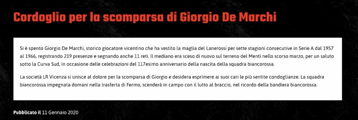 Giorgio De Marchi è morto, è stato uno storico mediano del Vicenza