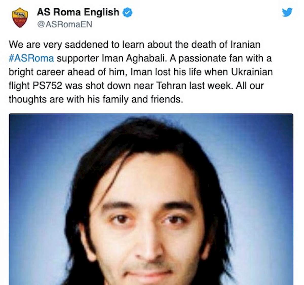 Aereo abbattuto in Iran, c'era anche un tifoso della Roma a bordo: il ricordo della società