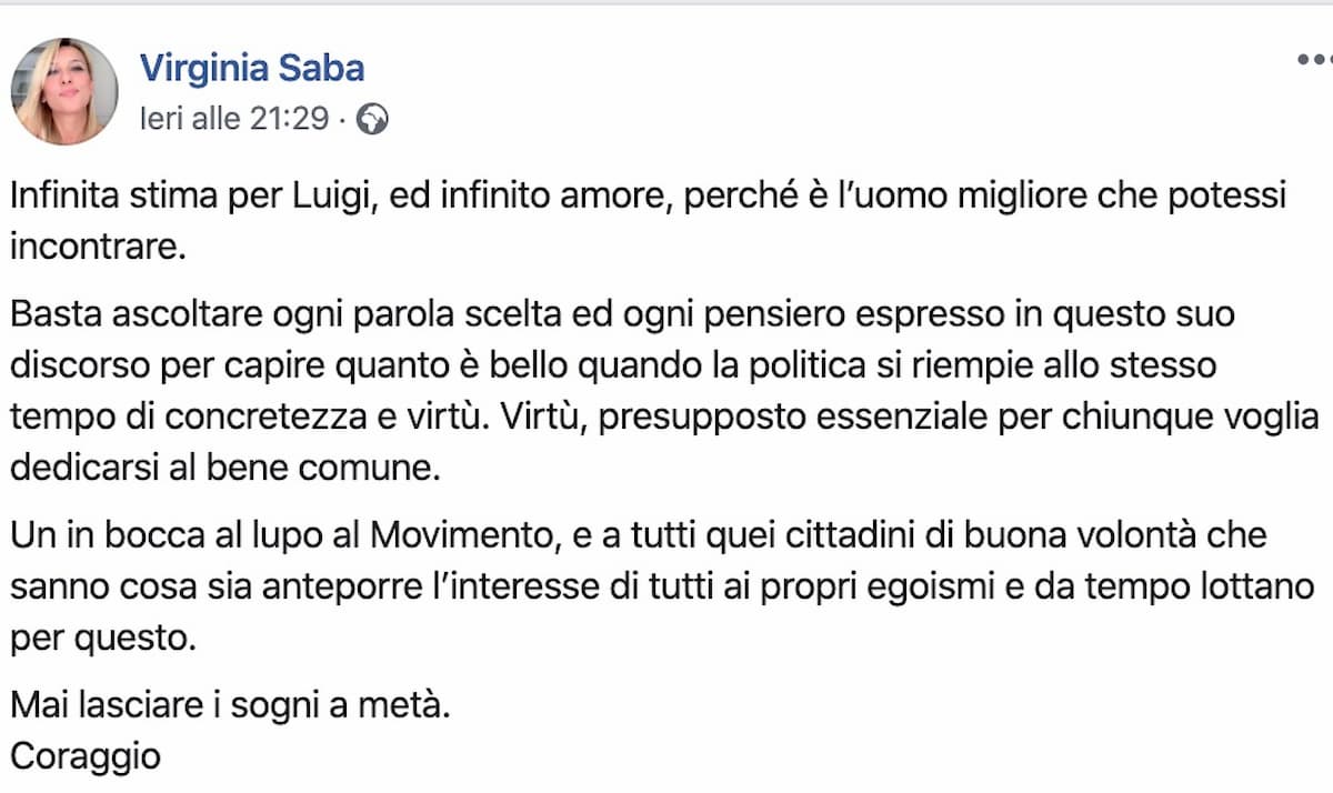 Virginia Saba, la dedica a Luigi Di Maio: "Infinita stima ed infinito amore"