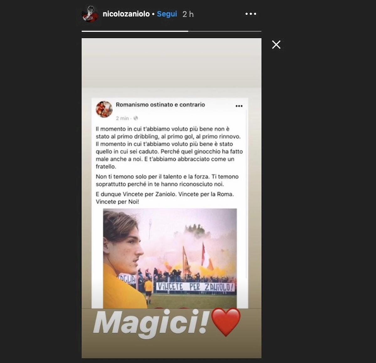 I tifosi della Roma rispondono allo striscione dei laziali su Zaniolo: "Vincete il derby per lui". Il calciatore ringrazia su Instagram