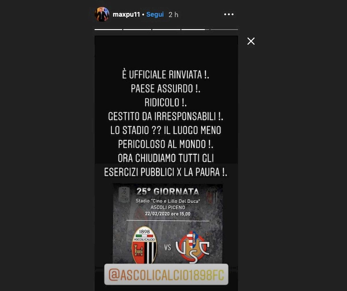 Ascoli-Cremonese rinviata per il Coronavirus, il presidente Pulcinelli protesta: "Paese ridicolo"