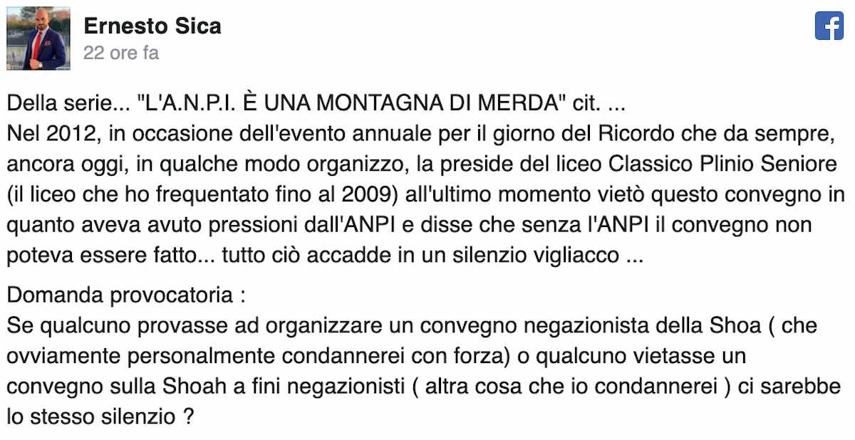 Castellammare di Stabia, il consigliere Fdi Ernesto Sica: "L'Anpi è una montagna di merda"