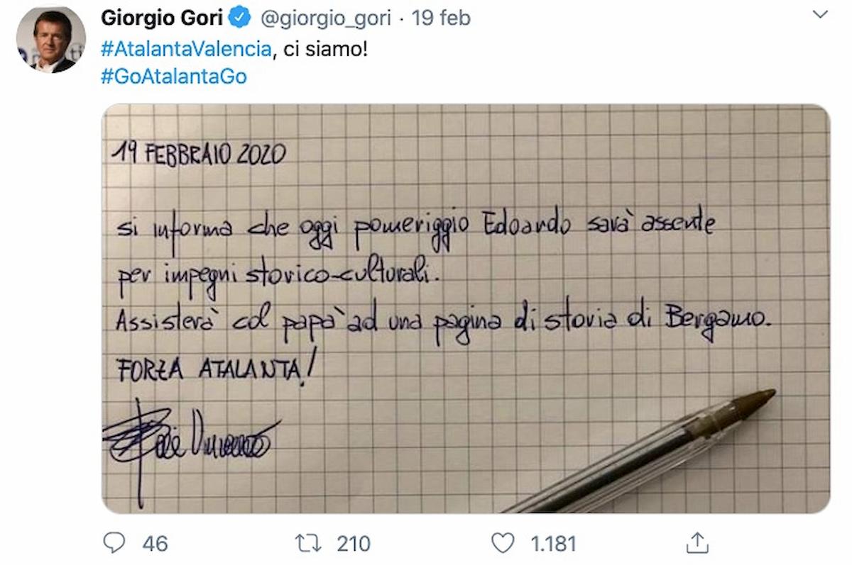 Bambino salta la scuola per andare a vedere Atalanta-Valencia, Giorgio Gori pubblica la sua giustificazione su Twitter