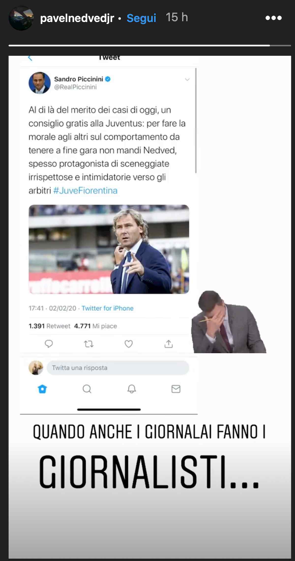 Nedved, il figlio risponde a Piccinini su Instagram: "Quando i giornalai fanno i giornalisti..."