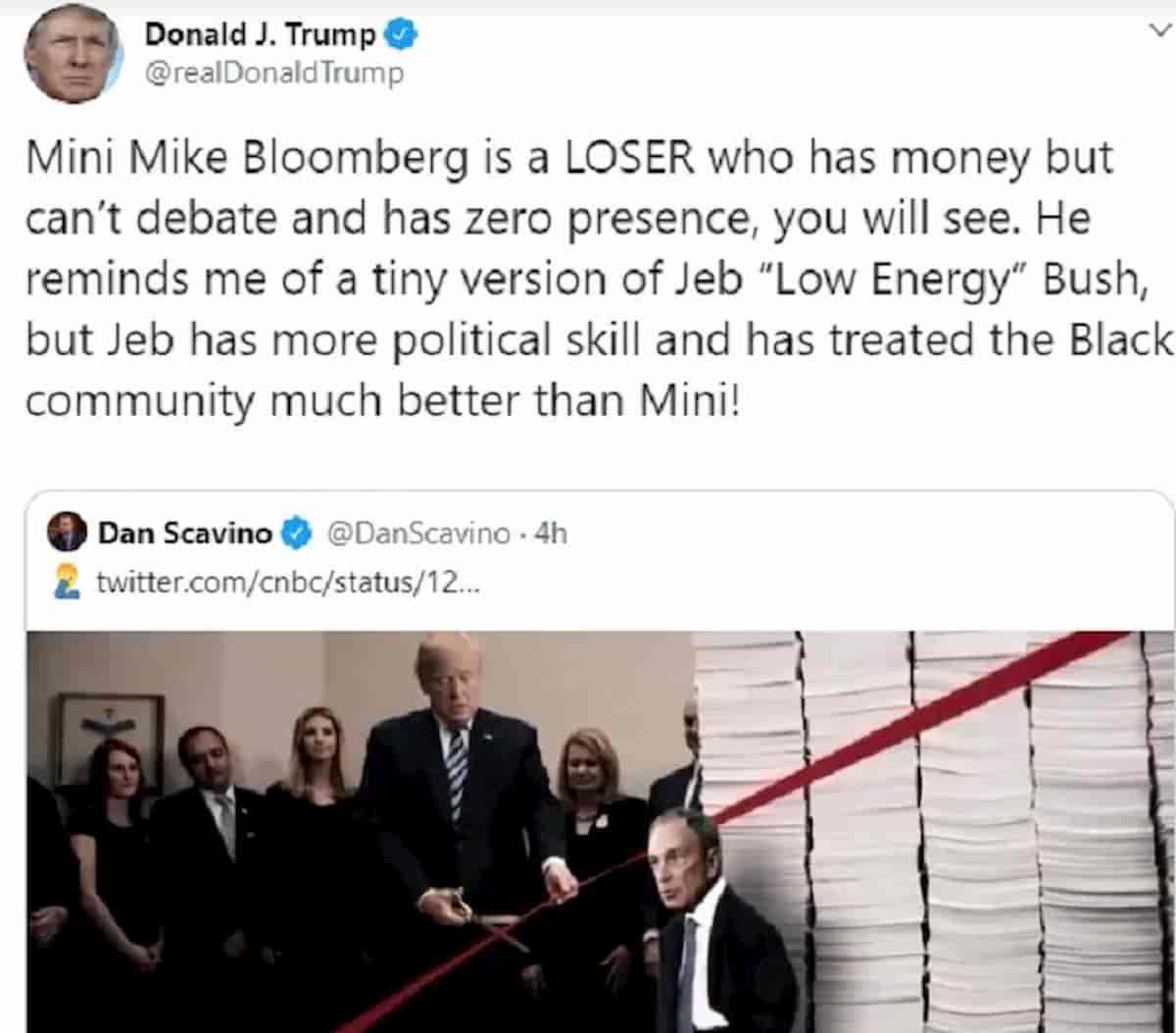 Donald Trump: tu nano massa di energia morta. Mike Bloomberg: tu pagliaccio arricchito