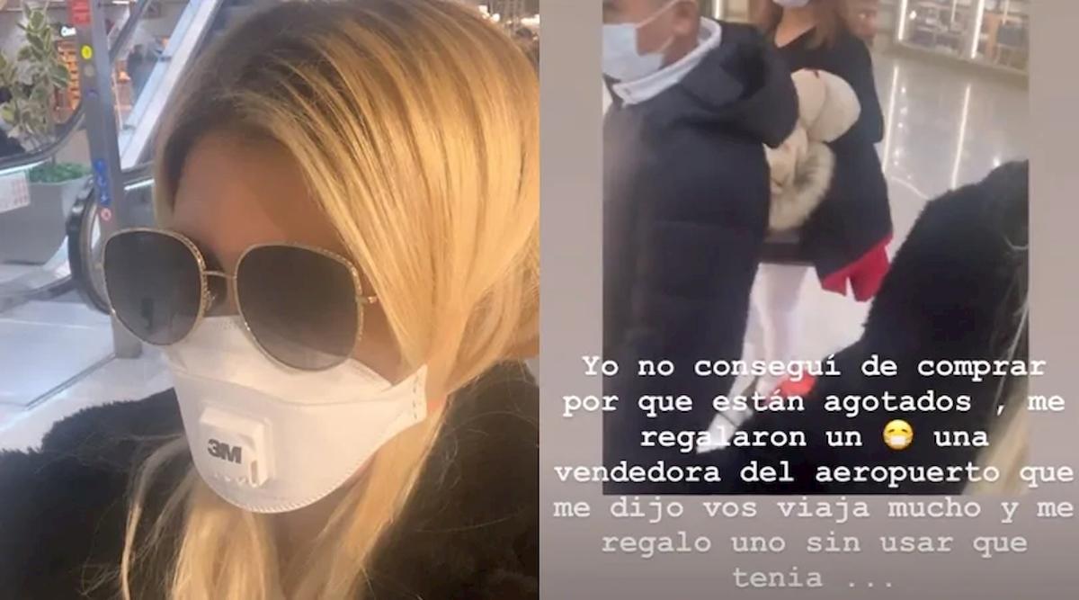 Coronavirus, Wanda Nara con mascherina in aeroporto