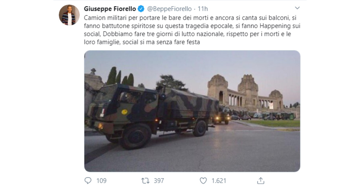 Beppe Fiorello: Camion per bare a Bergamo? Tre giorni lutto nazionale