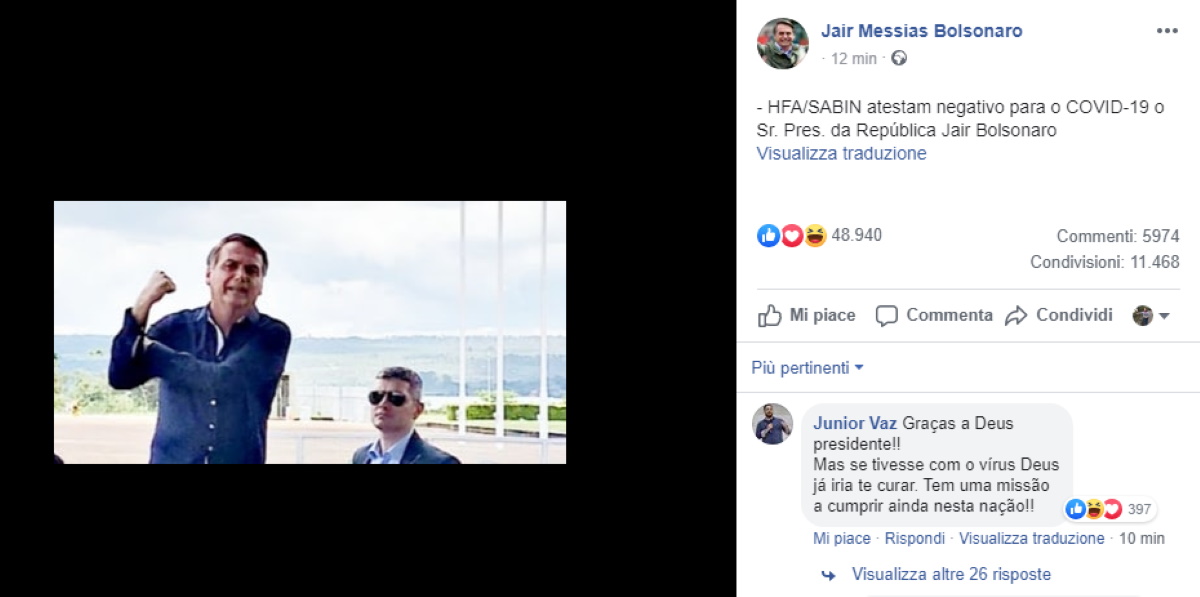 Bolsonaro negativo coronavirus: su Fb fa il gesto dell'ombrello