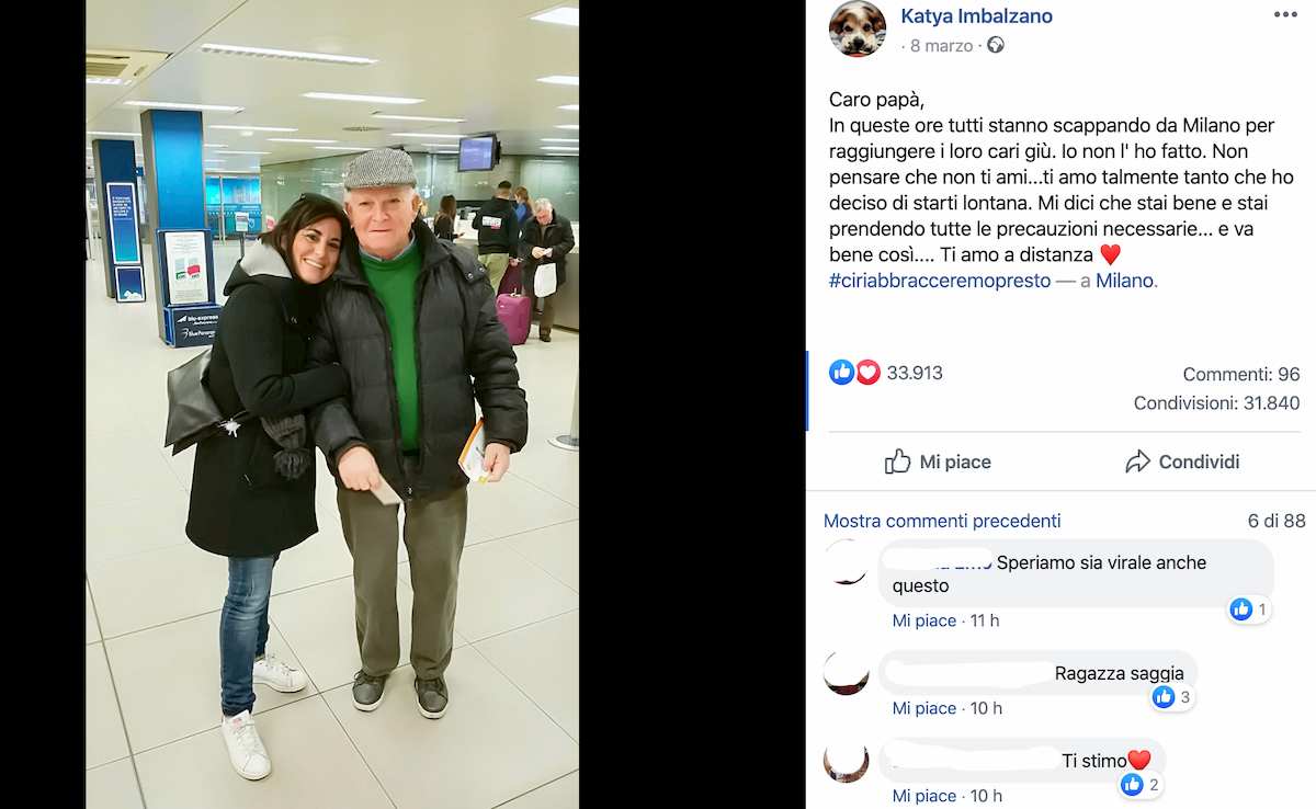 Coronavirus, il post di Katya è virale: "Caro papà, ti amo talmente tanto che resto qui"