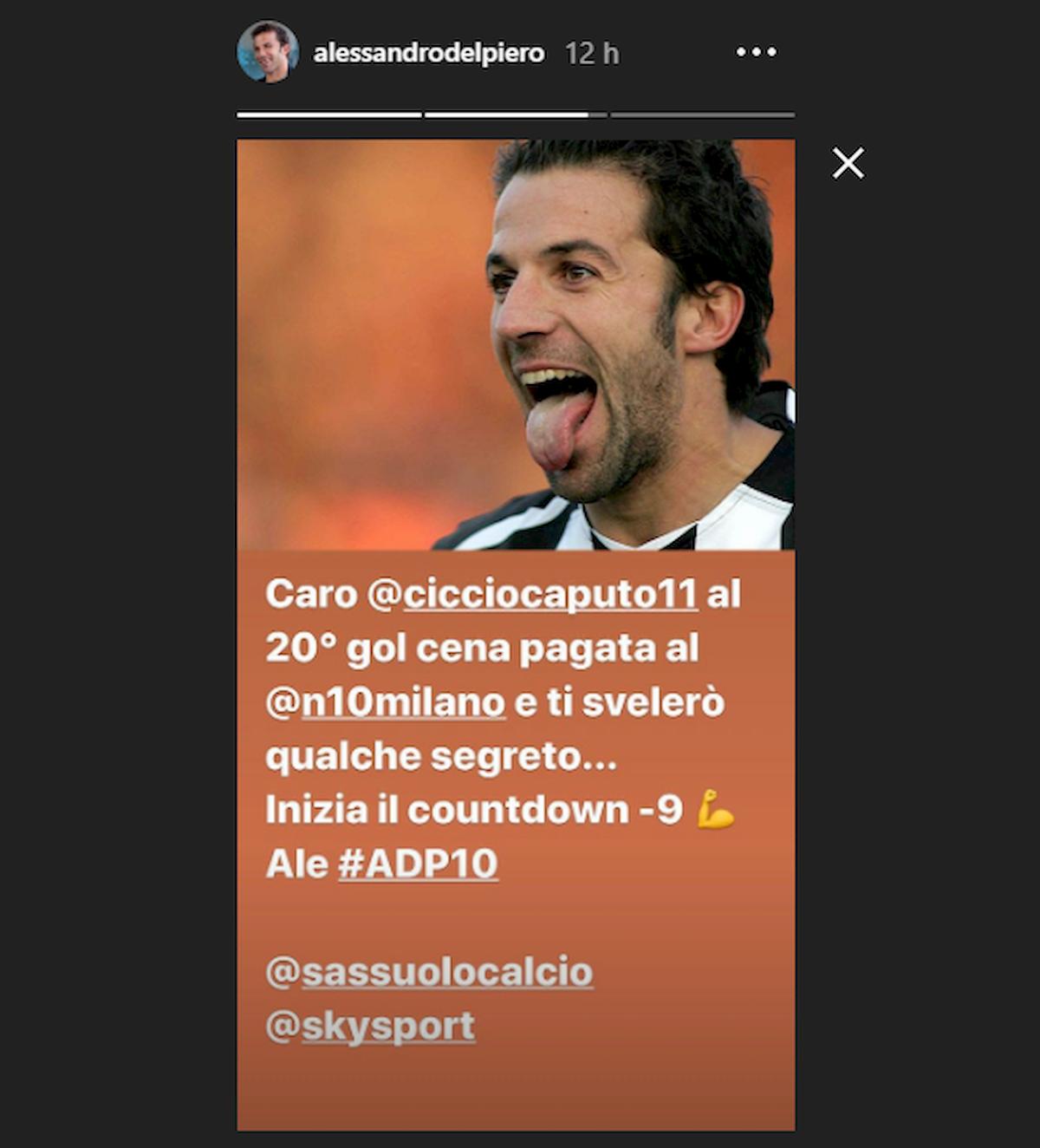 Del Piero scrive a Ciccio Caputo su Instagram: "Se arrivi a 20 gol, ti pago la cena..."