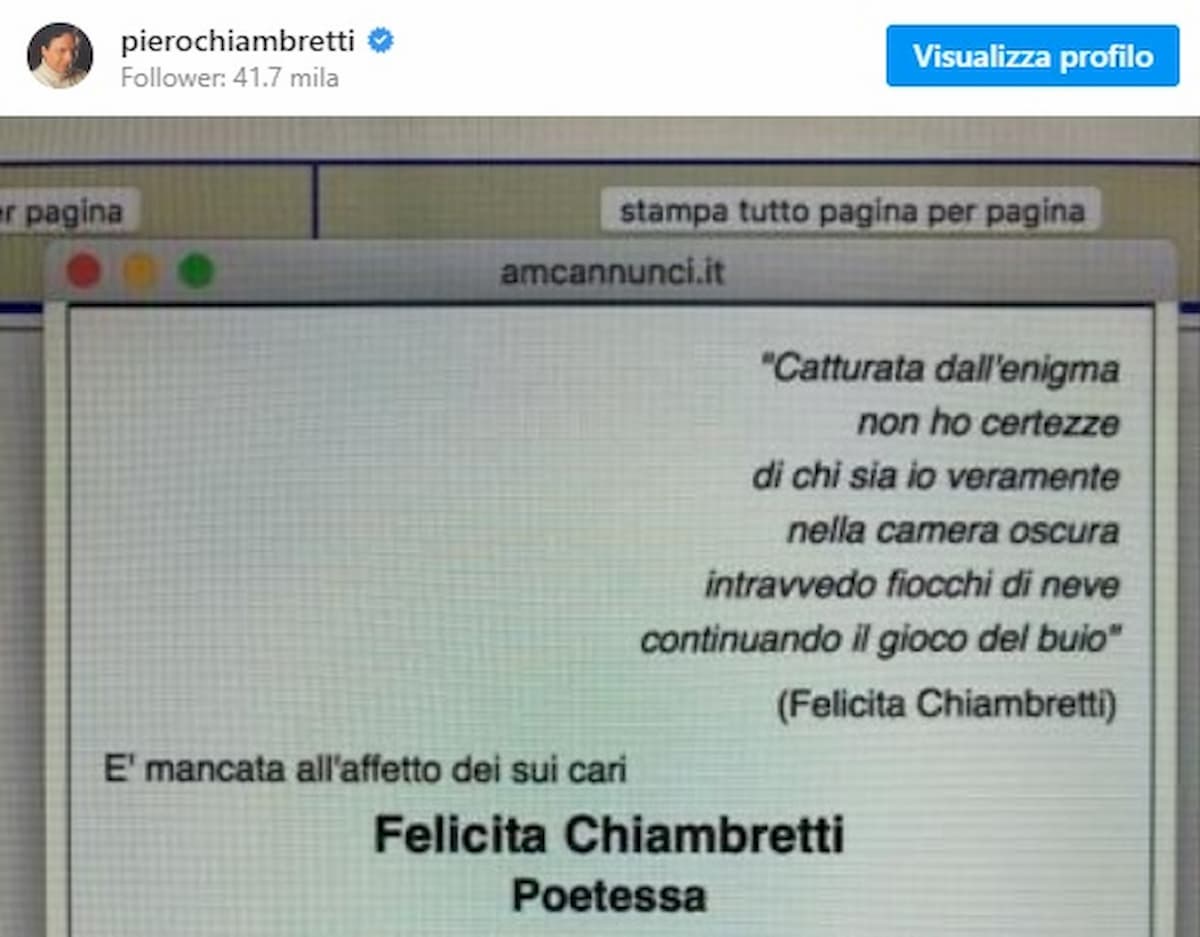 Piero Chiambretti ricorda con una sua poesia la madre morta di coronavirus