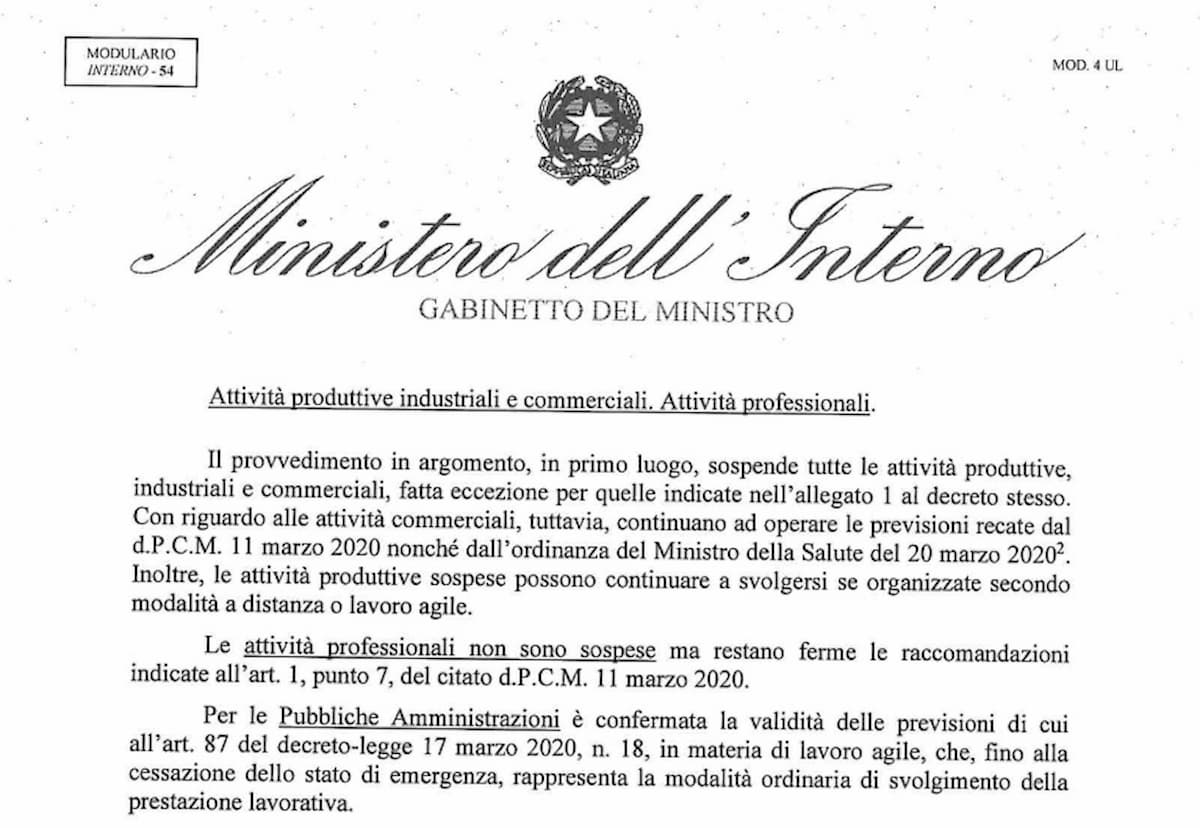 Coronavirus, circolare Ministero dell'Interno esplicativa su Dpcm 22 marzo