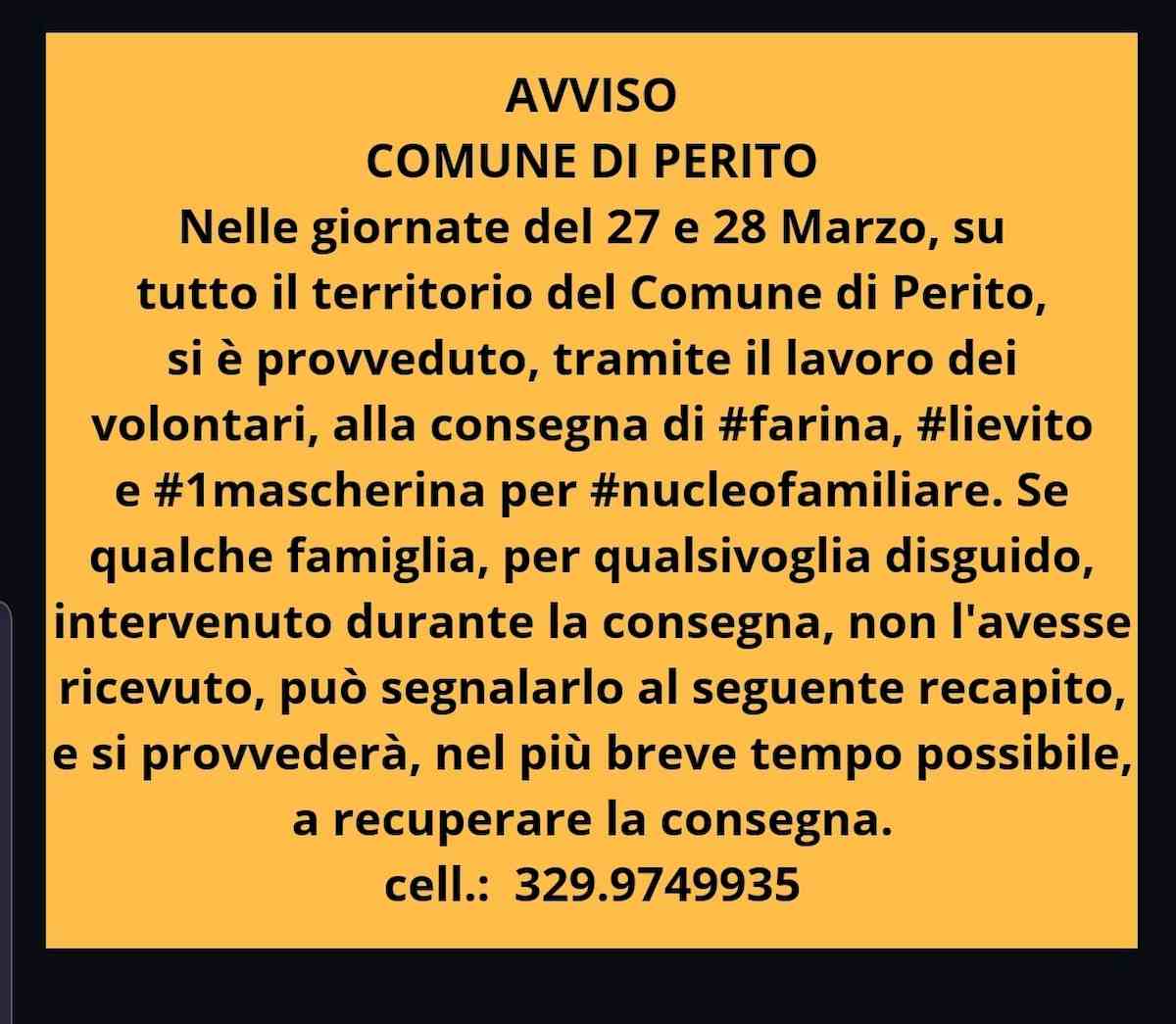 Coronavirus, il Comune di Perito distribuisce mascherina, farina e lievito agli abitanti