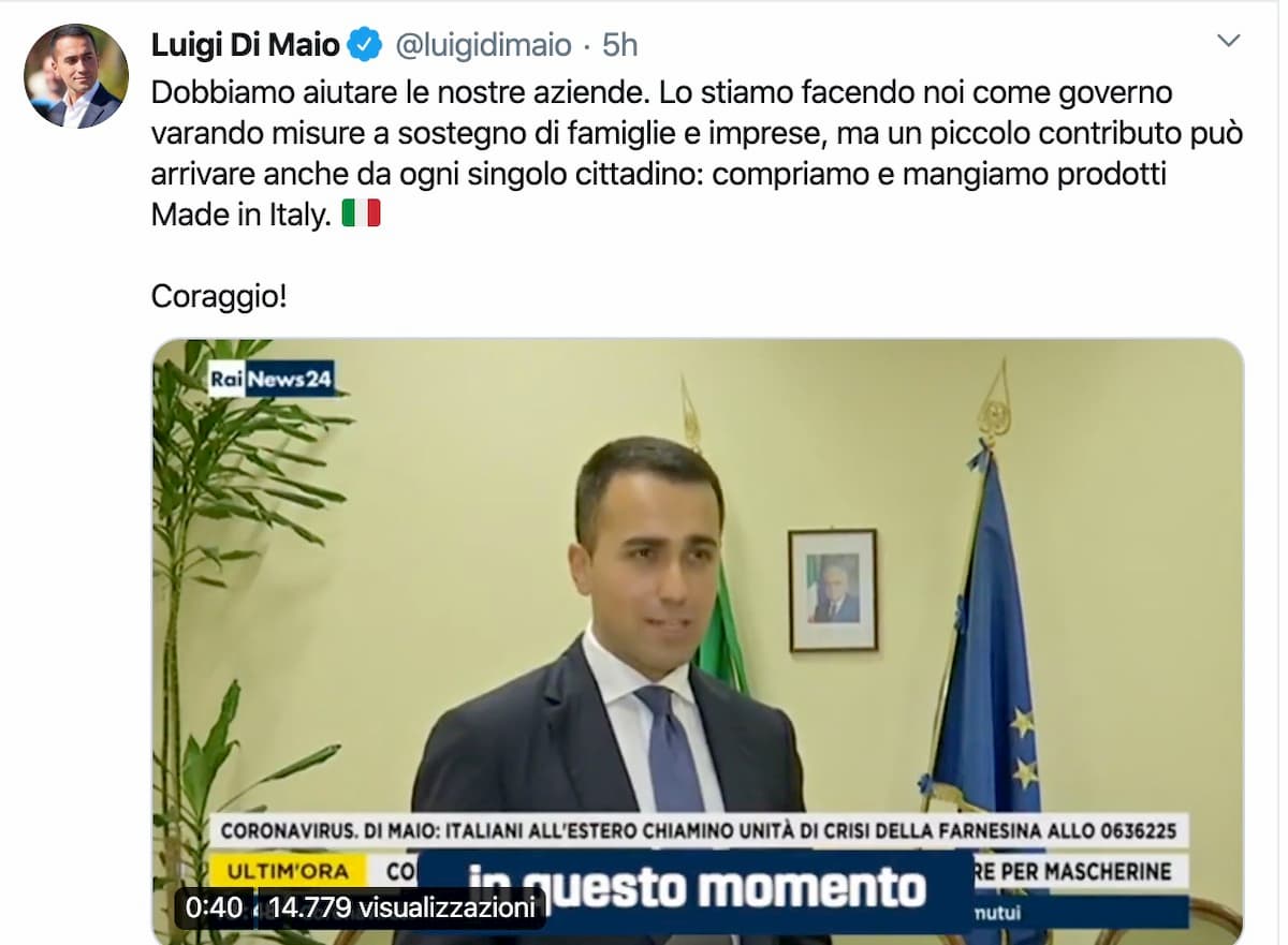 Coronavirus, da Luigi Di Maio appello a comprare e mangiare Made in Italy