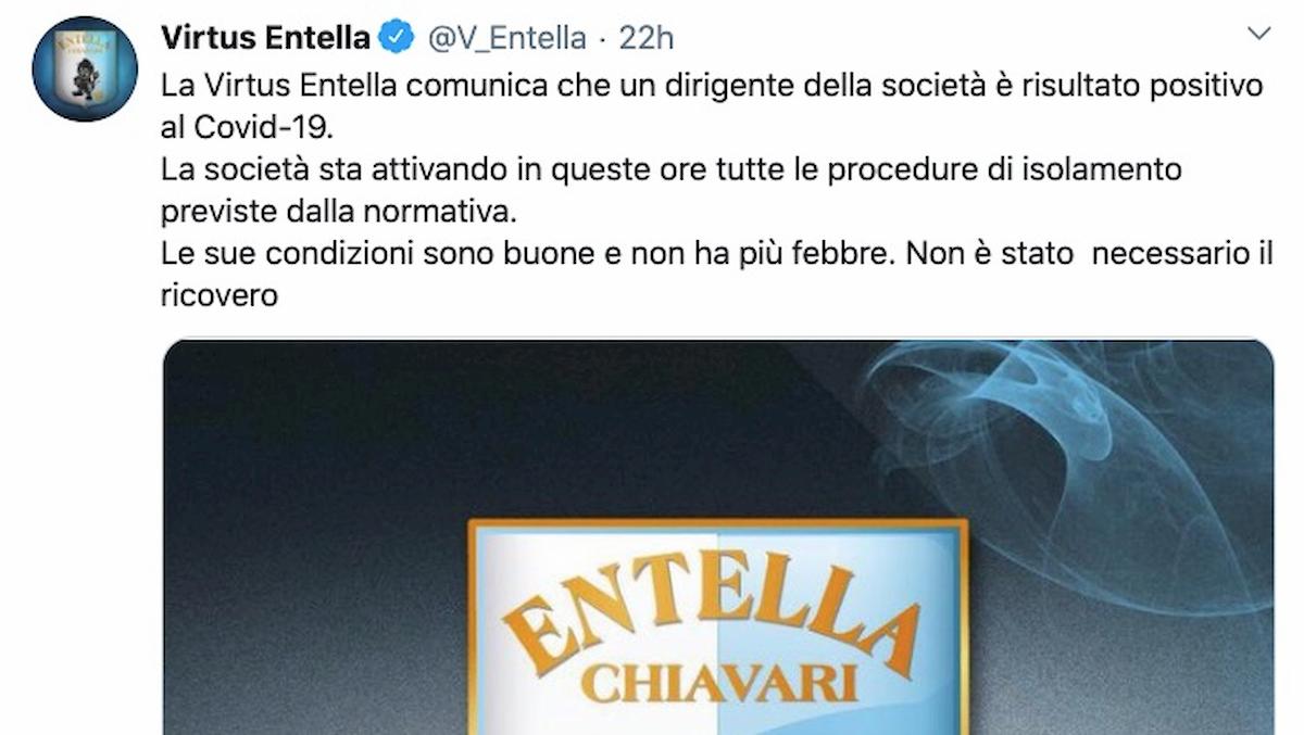 Coronavirus, primo caso in Serie B: è un dirigente della Virtus Entella