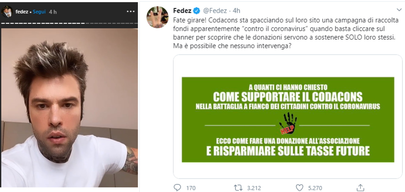 Coronavirus Fedez e Codacons, lite sulle raccolte fondi