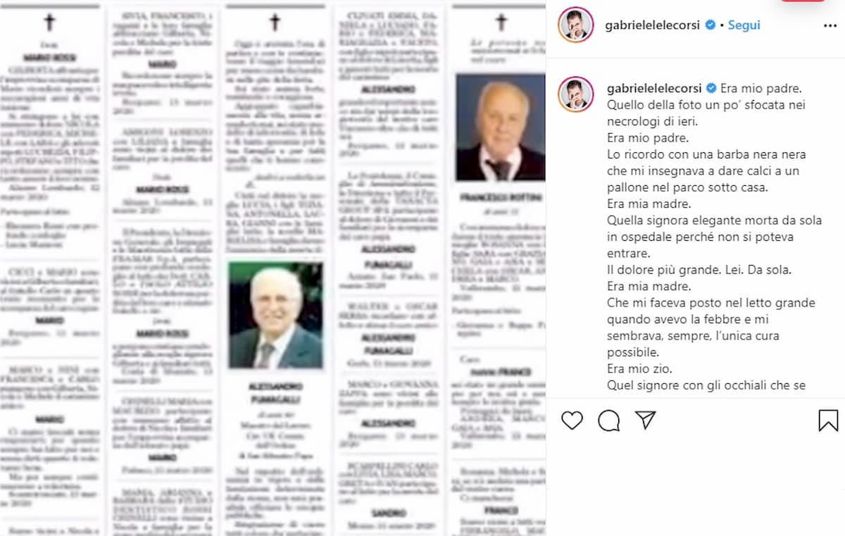 Coronavirus, la poesia di Gabriele Corsi per le vittime: "Era mio padre quello della foto un po’ sfocata nei necrologi"