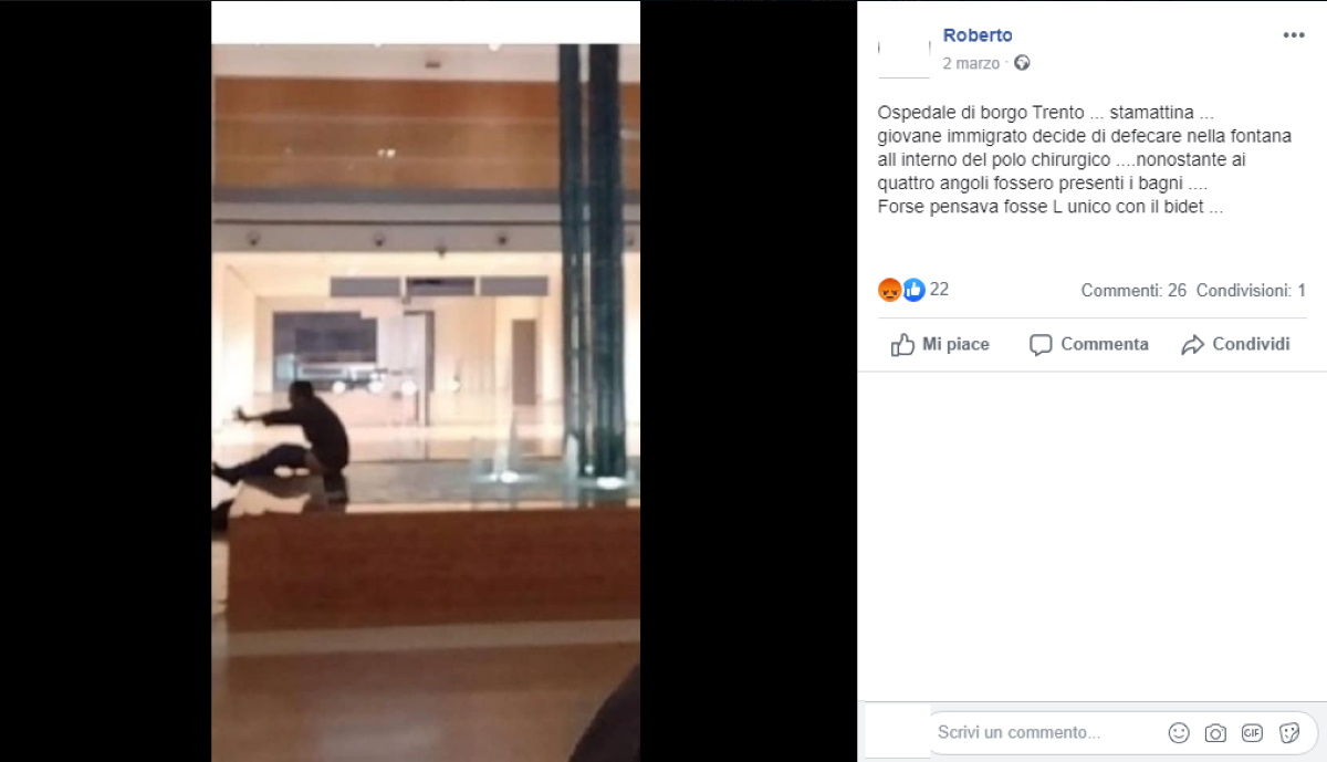 Verona. immigrato defeca nella fontana nell'atrio dell'ospedale