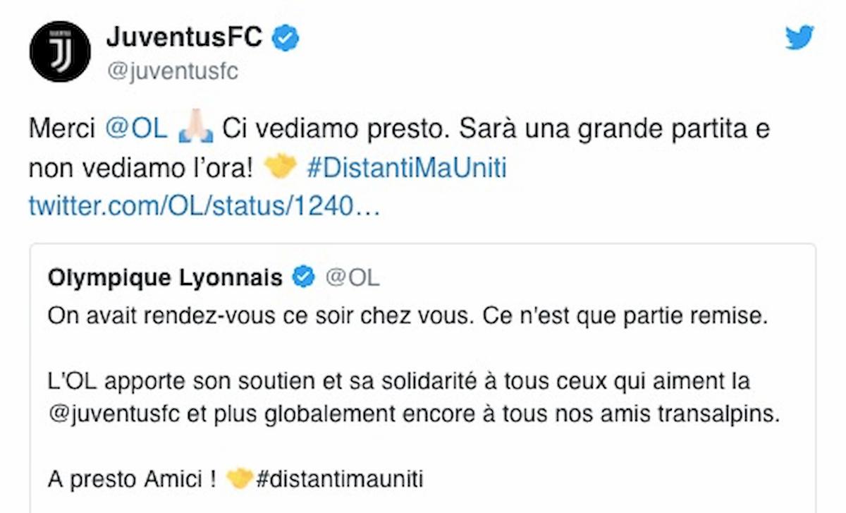 Coronavirus, Juventus-Lione non si gioca in campo ma sui social