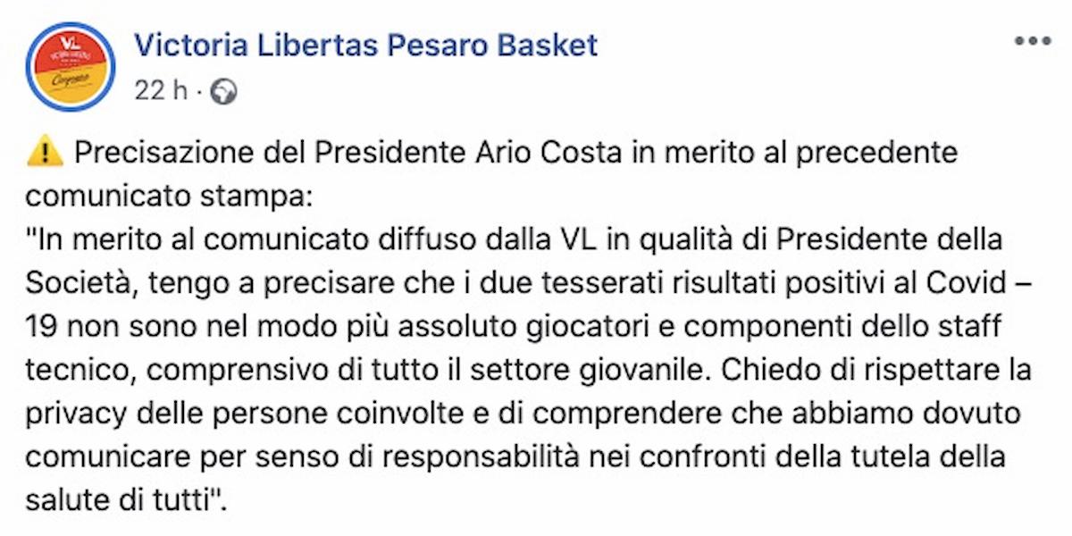 Victoria Libertas Pesaro Basket, due tesserati positivi al coronavirus