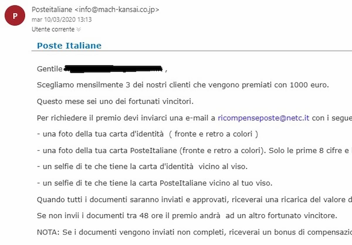 "Hai vinto 1000 euro di ricompensa da Poste Italiane", ma è truffa