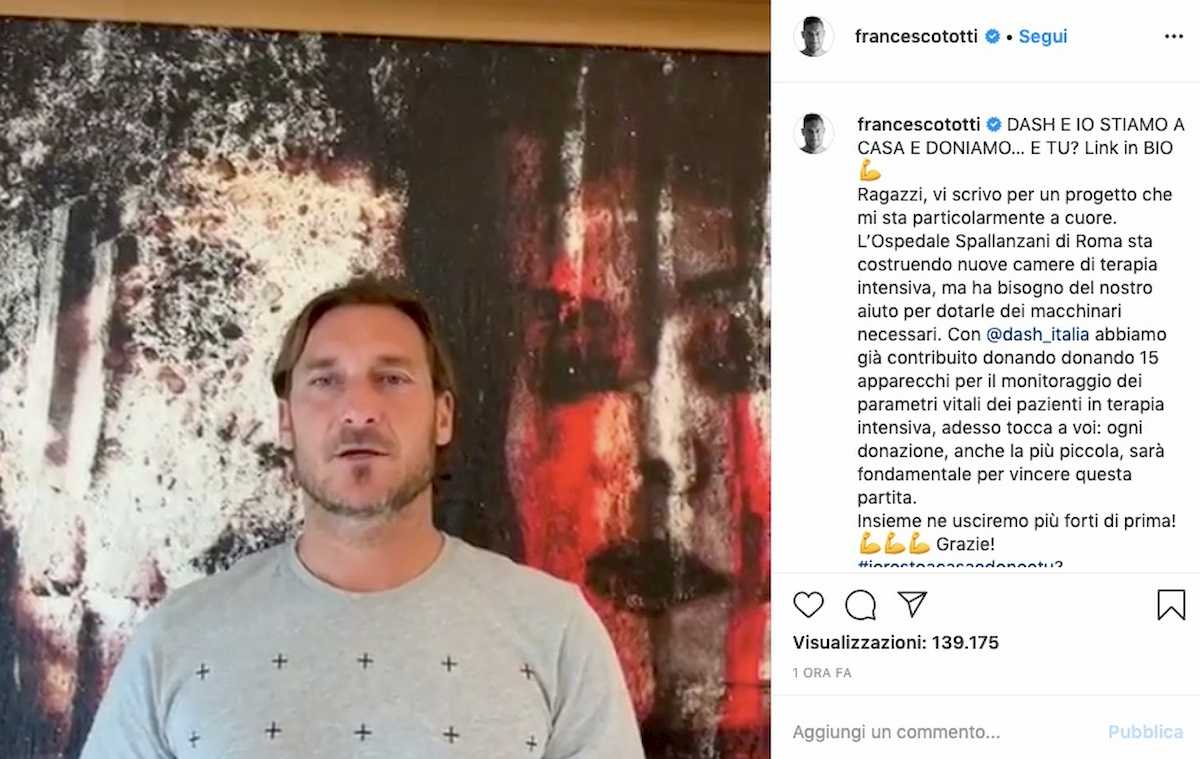 Coronavirus, Totti: "Donati 15 apparecchi allo Spallanzani"