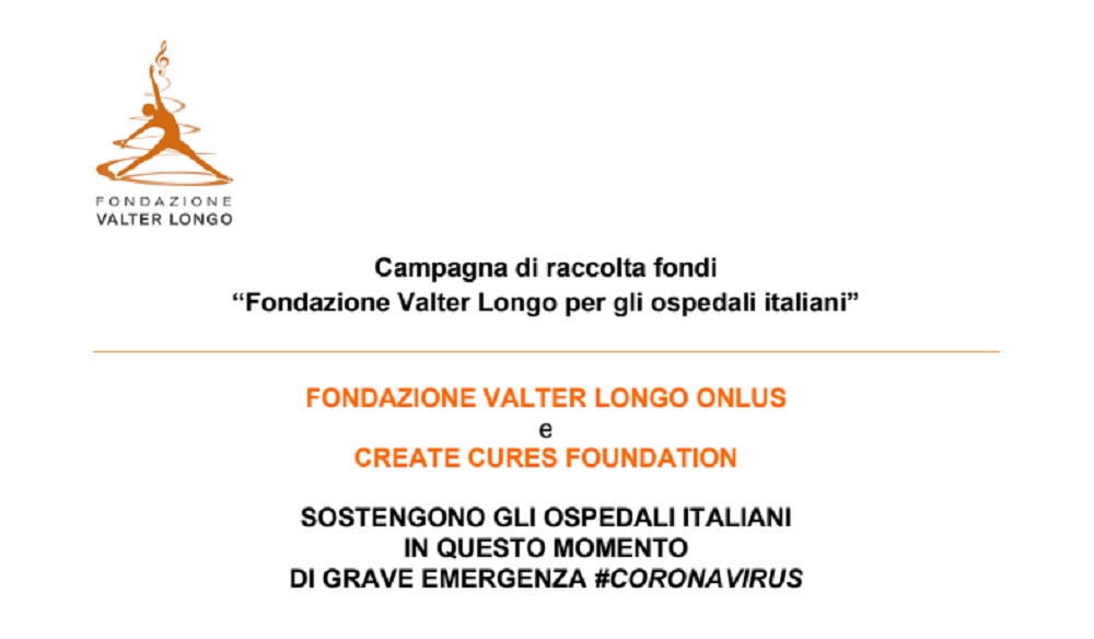 Coronavirus, campagna raccolta fondi della Fondazione Valter Longo per gli ospedali italiani