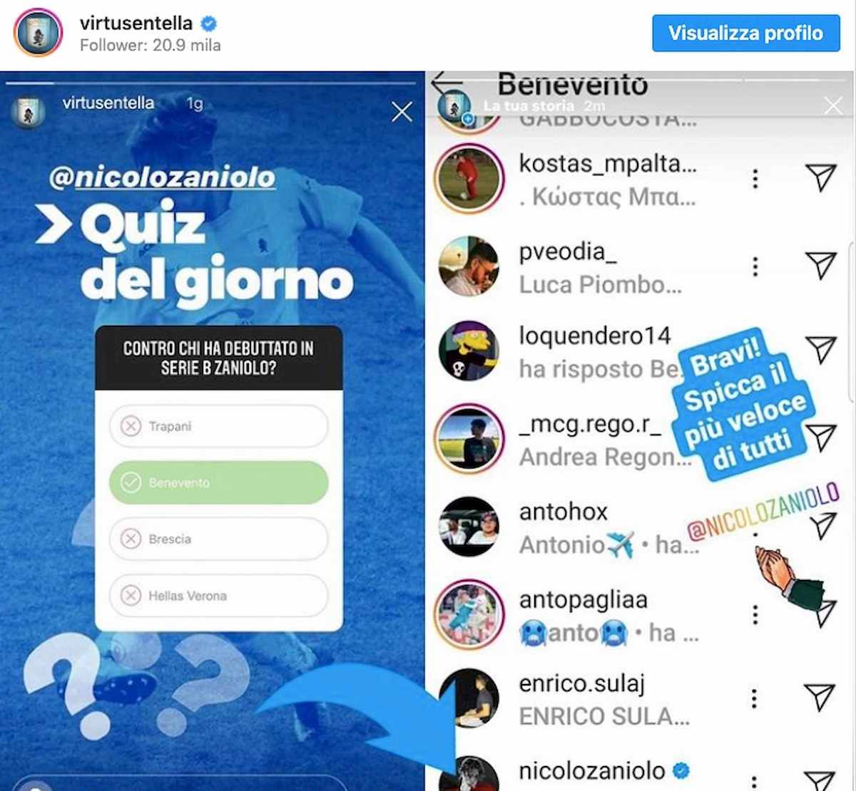 Zaniolo re di Instagram, è stato il più veloce a rispondere al quiz dell'Entella su di lui!