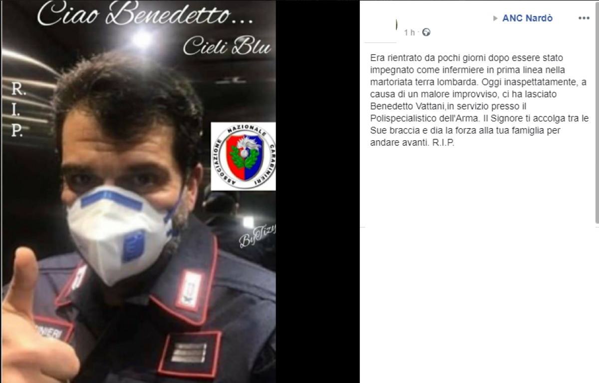 Benedetto Vattani morto: carabiniere e volontario contro coronavirus