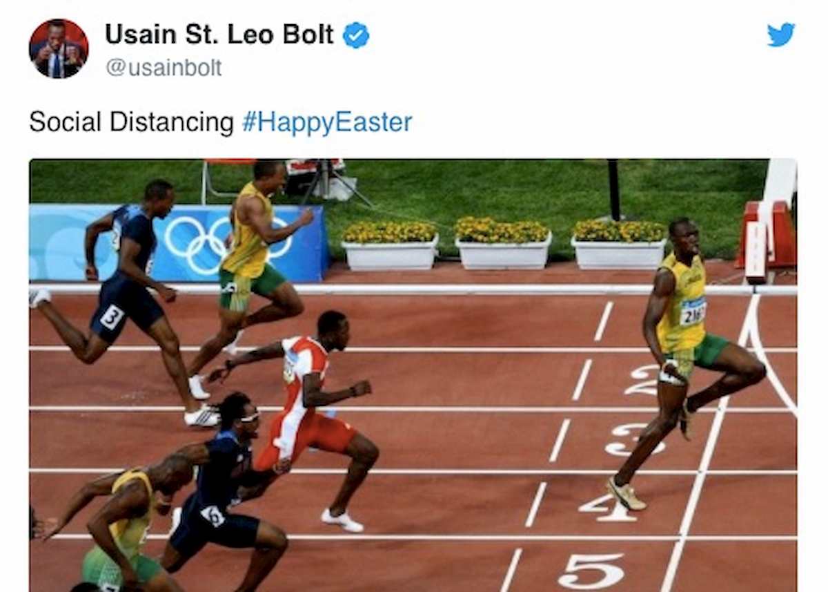 Coronavirus, Usain Bolt e la foto ironica sul distanziamento sociale
