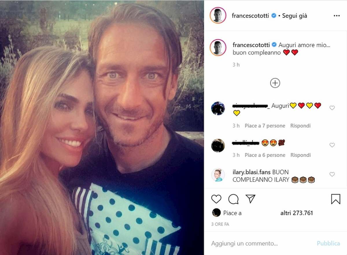 Totti, gli auguri a Ilary Blasi per il suo 39° compleanno. La festa è social