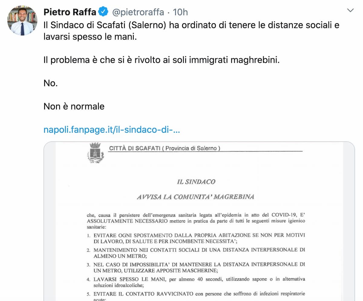 Coronavirus, il sindaco di Scafati (Salerno) nell'ordinanza si rivolge alla "comunità magrebina"