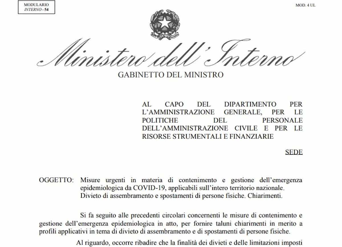 Circolare Viminale 31 marzo su figli e jogging: spiegazioni e testo integrale PDF