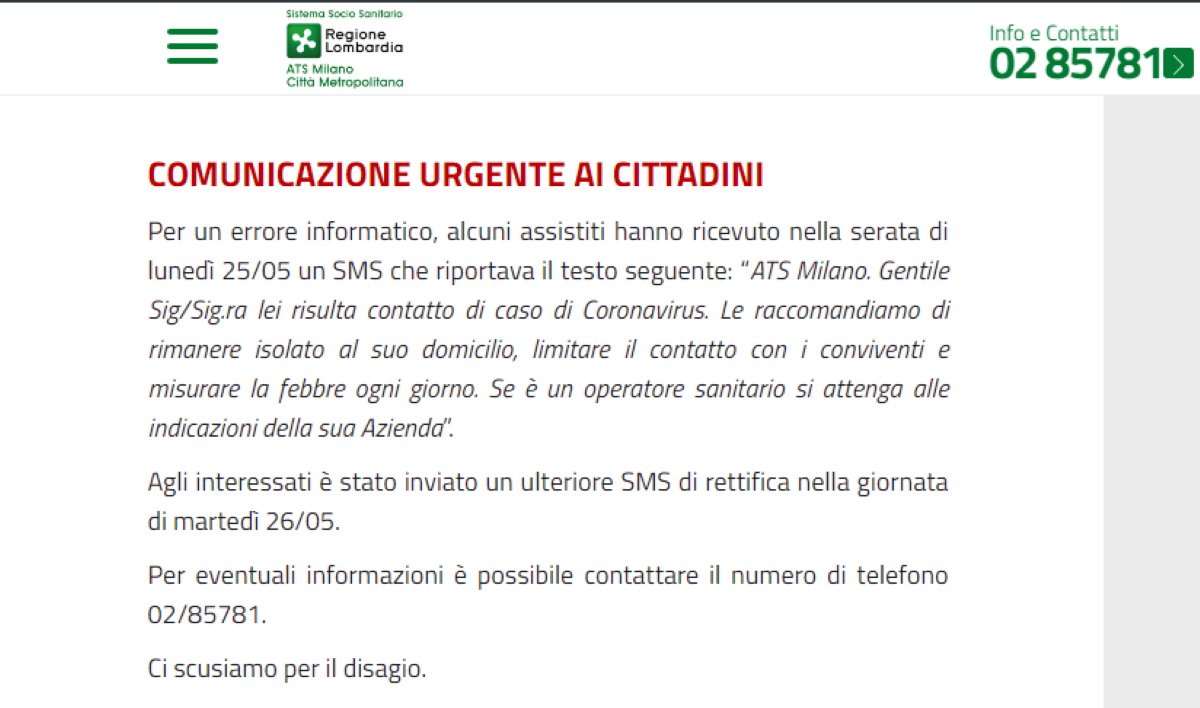 Coronavirus sms Ats per sbaglio a Milano: in contatto con positivo