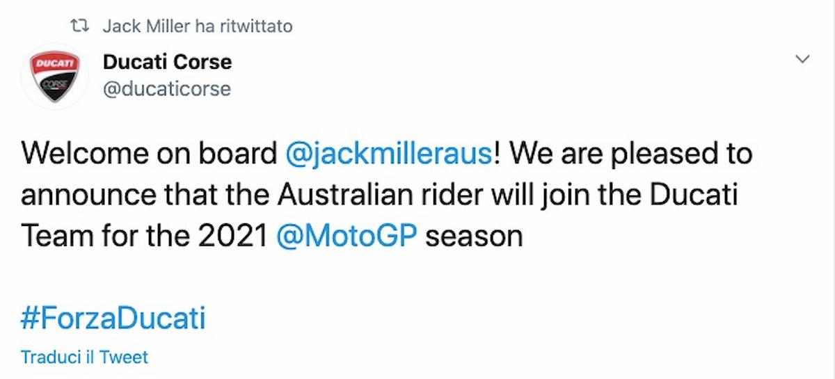 Jack Miller nuovo pilota della Ducati, ha firmato fino al 2021