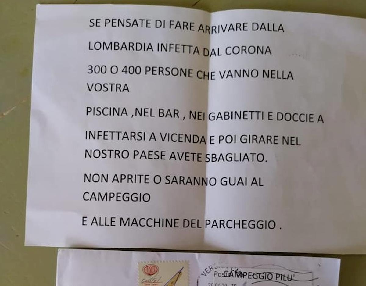 Anfo, lettera di minacce al campeggio: "Non aprite ai lombardi infetti o sono guai"