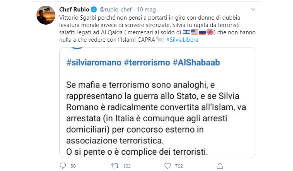 Lite Sgarbi-Chef Rubio su Silvia Romano: volano insulti via Twitter