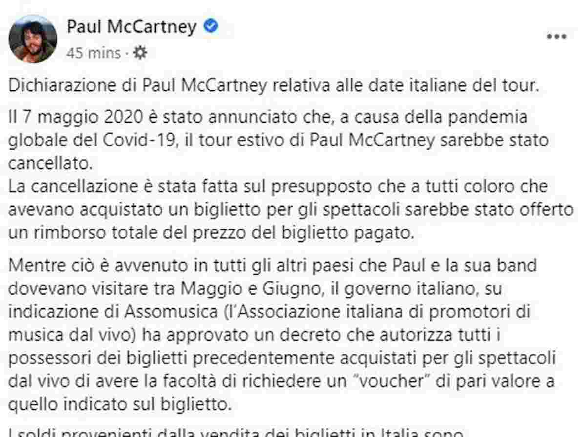 paul mccartney, post su facebook