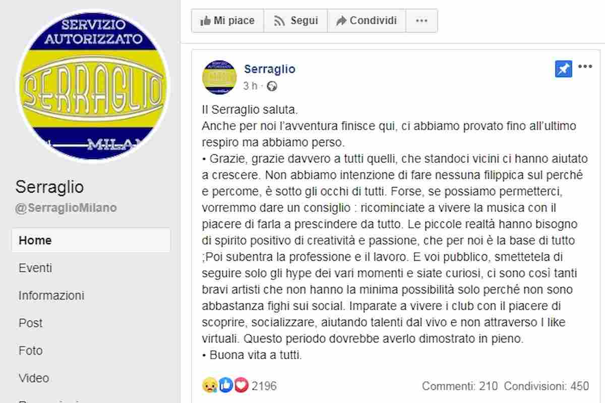 Il post su Facebook del Serraglio