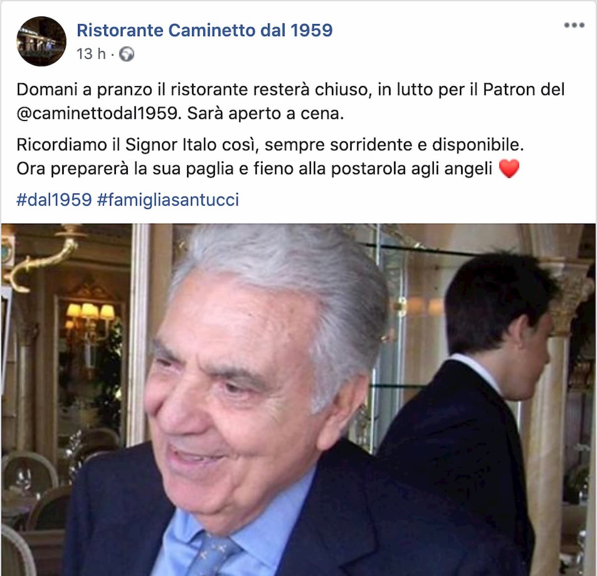 E' morto Italo Santucci, fondatore del ristorante il Caminetto di Roma