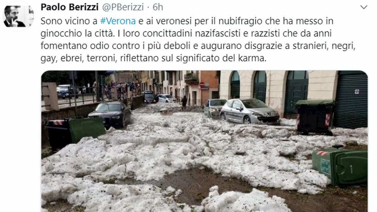 Nubifragio a Verona, Paolo Berizzi: "Nazifascisti e razzisti riflettano sul karma". Ed è polemica