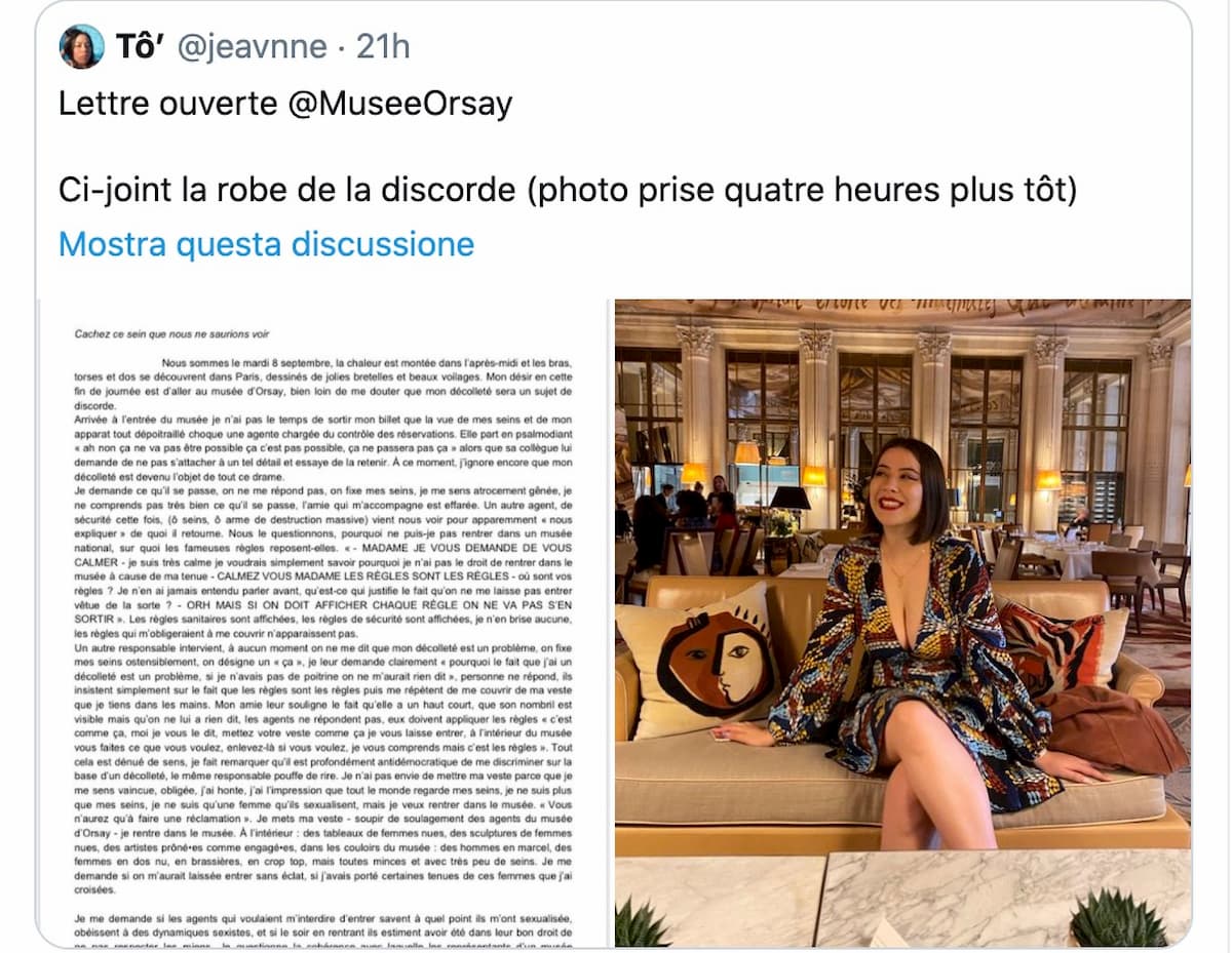 Museo d'Orsay, donna bloccata all'ingresso dai funzionari per la scollatura dell'abito