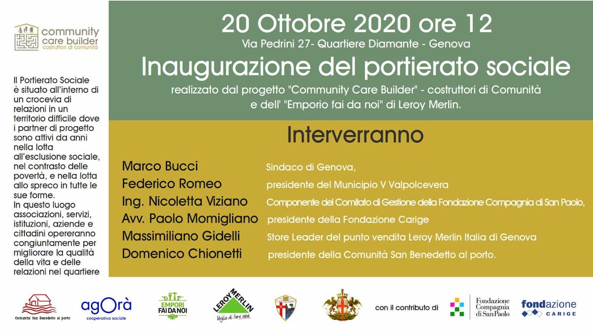 Genova, nasce Community Care Builder, progetto per l'inclusione della Comunità San Benedetto